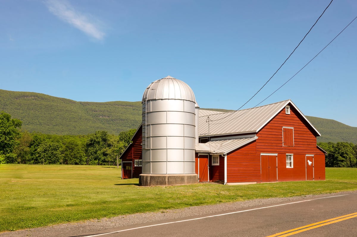 Little Blue's Farm in Morton, Illinois — a classic red barn and silo set on our own fields.