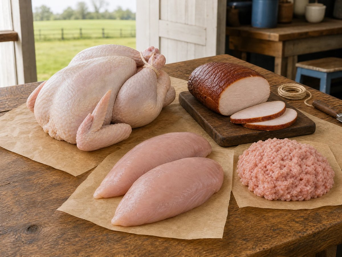 Assorted raw and prepared meats on a wooden table, including a whole turkey, sliced smoked ham, raw chicken breasts, and ground turkey, with rural farmland visible through the window