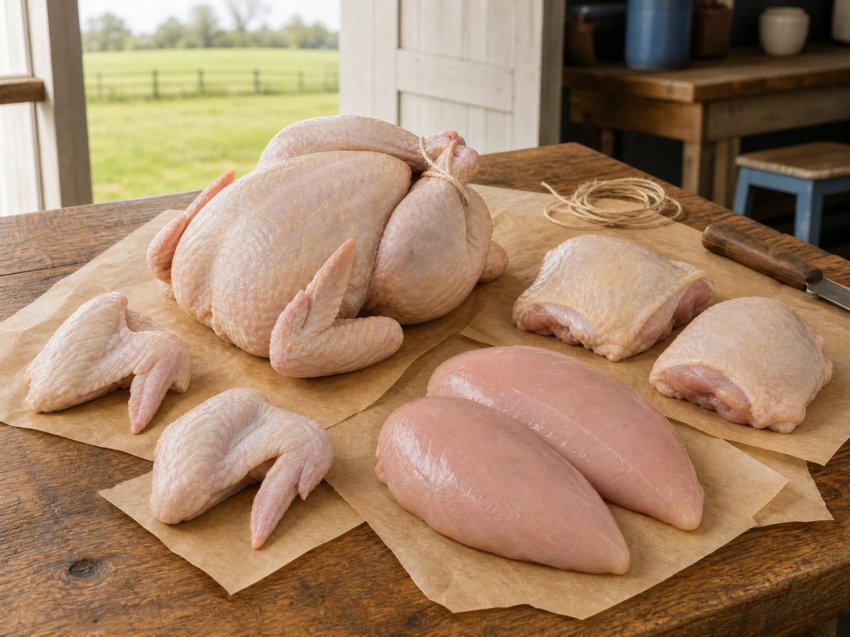 Raw chicken pieces including whole bird, breasts, thighs, and wings arranged on parchment paper on a wooden table with farmland view through window