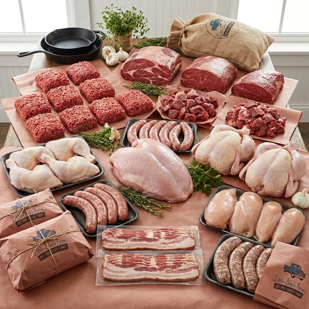 Assortment of fresh meats including beef, pork, chicken, sausages, and bacon displayed on pink paper with herbs and cooking equipment