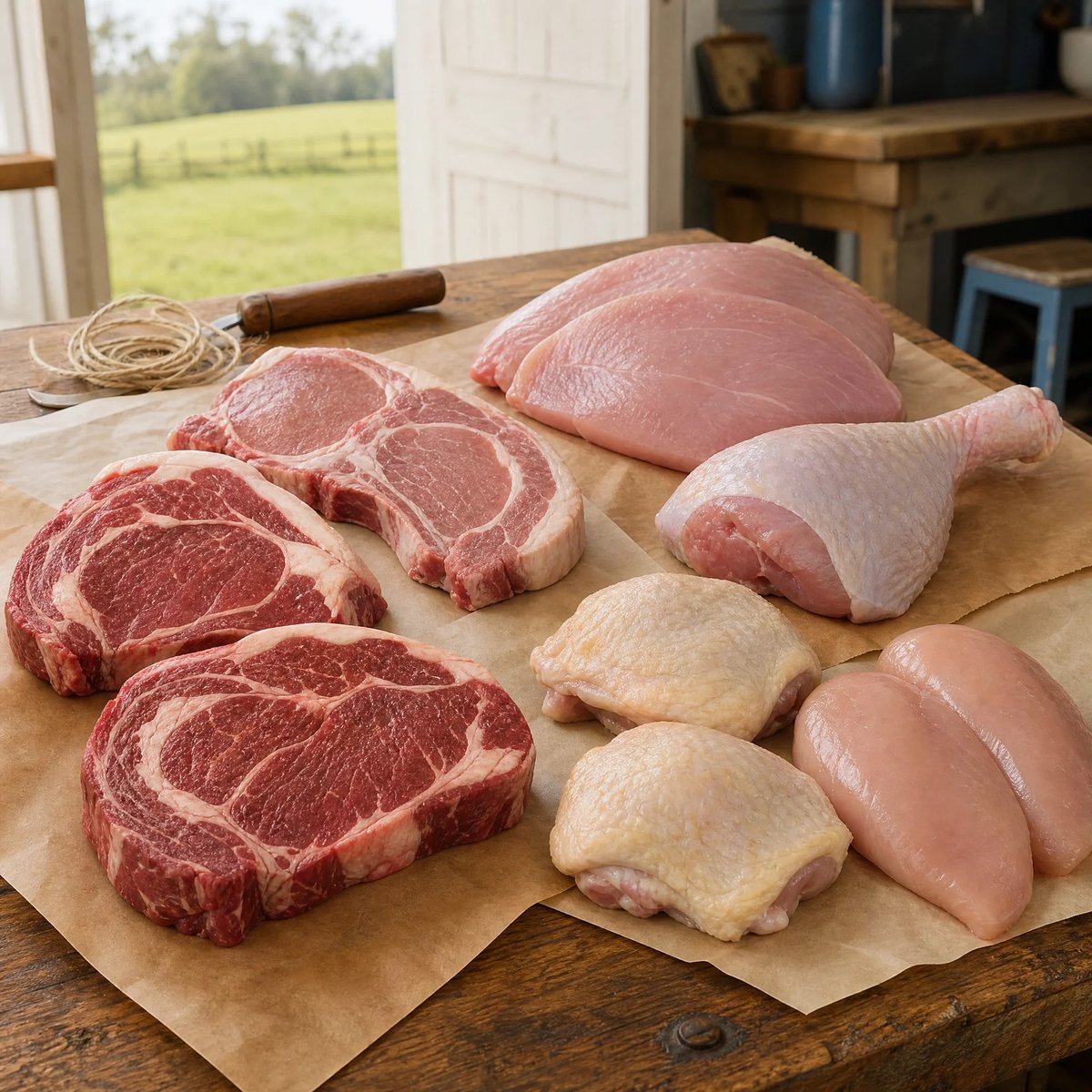 Assorted raw meat cuts including beef steaks, chicken pieces, and pork on brown paper on a wooden table in a rustic kitchen