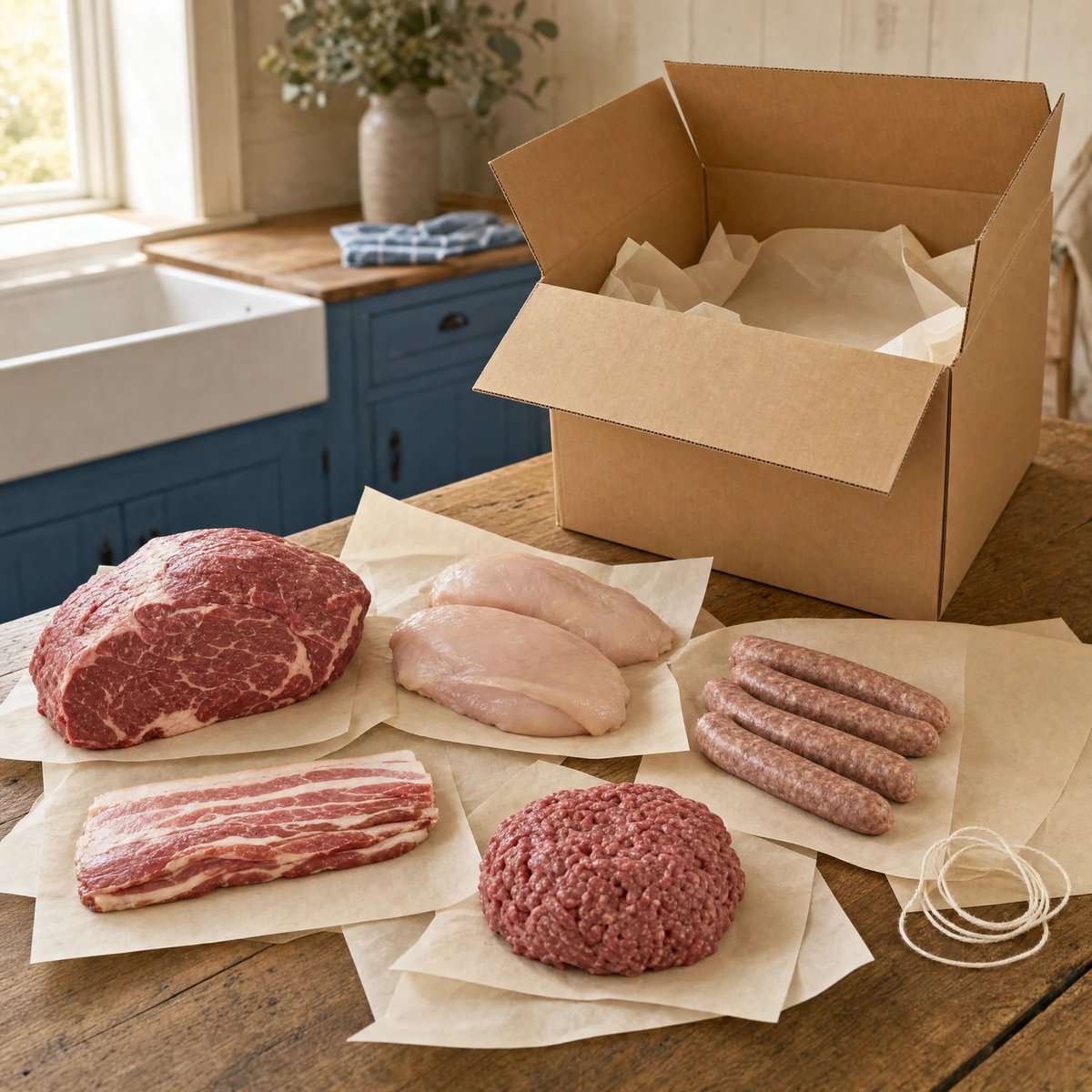 The Family Staple — a chuck roast, chicken breasts, brats, bacon, and ground beef on butcher paper, ready to pack for delivery from Little Blue's Farm
