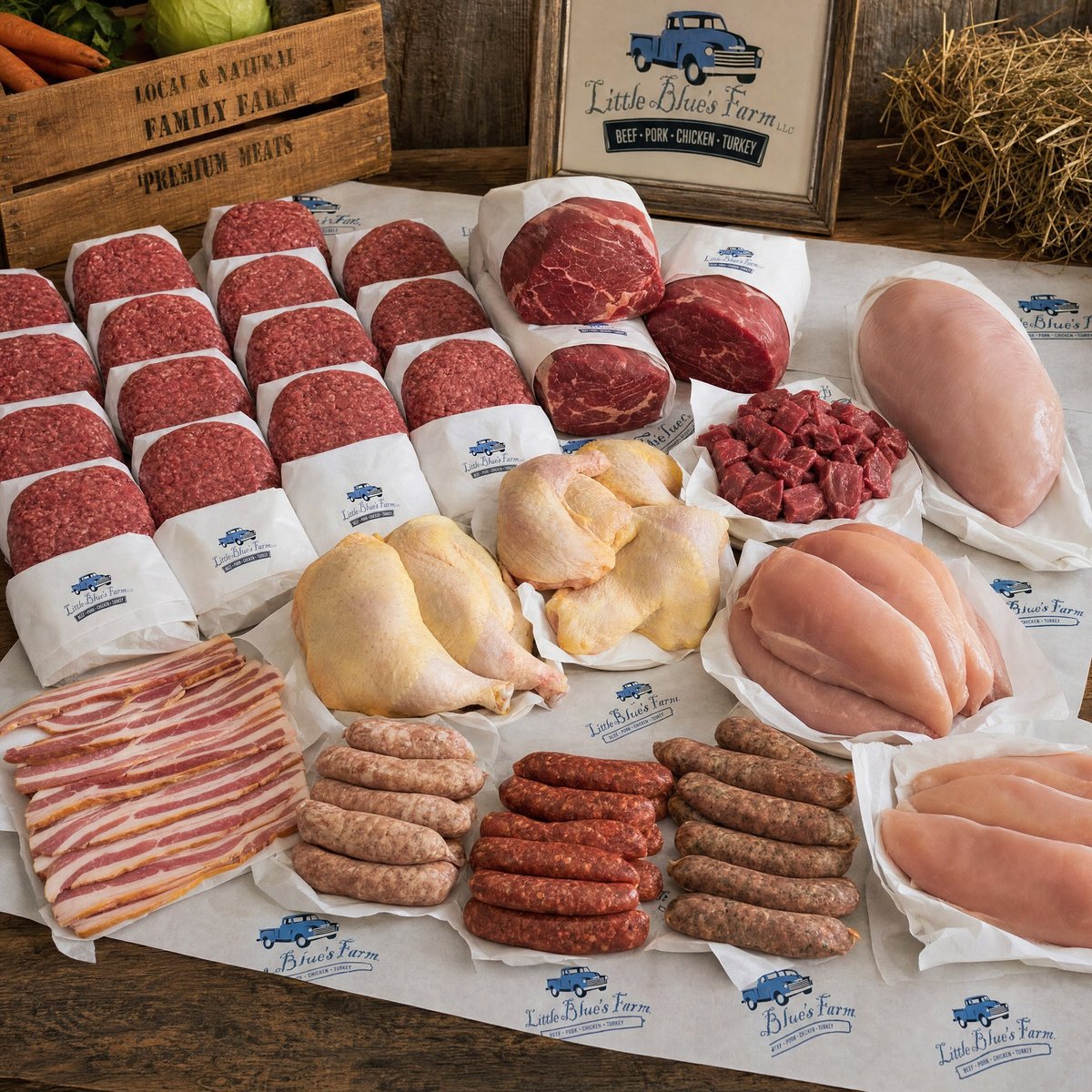 Assorted raw meats including ground beef patties, steaks, bacon, sausages, and chicken on Little Blue's Farm-branded packaging