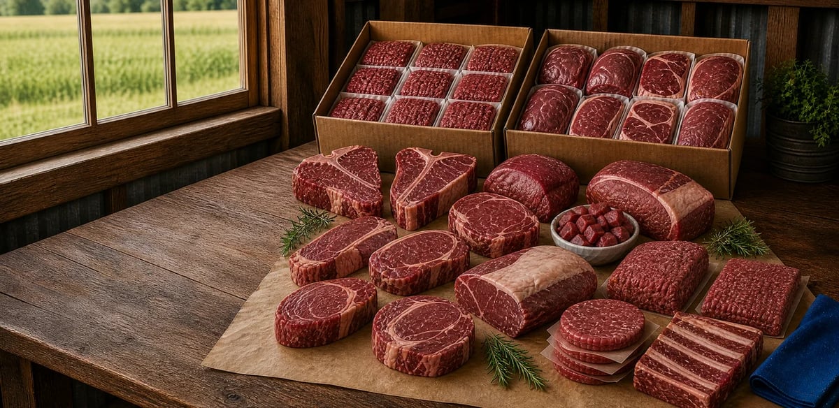 Variety of raw red meat cuts displayed on wooden surface with cardboard boxes, near window with natural lighting