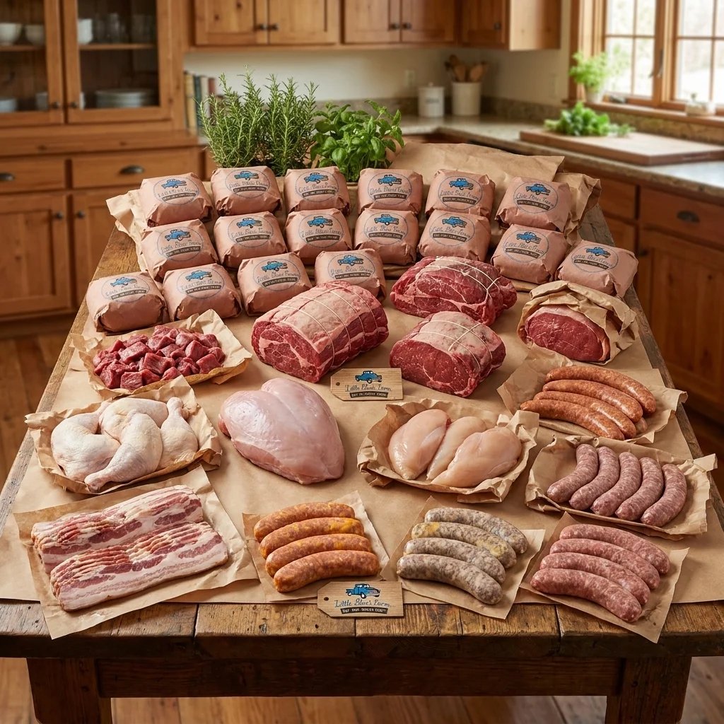 Butcher shop display with various packaged meats including ground beef, steaks, sausages, bacon, and poultry arranged on kraft paper atop a wooden table in a rustic kitchen.
