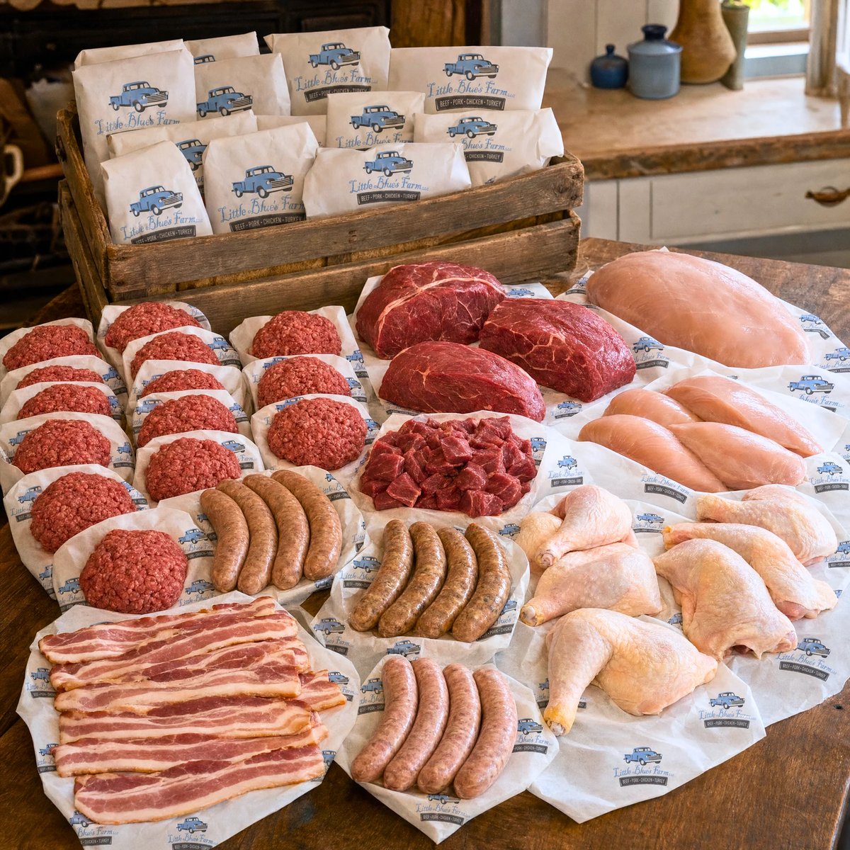 Assorted raw meats including ground beef patties, steaks, bacon, sausages, and chicken displayed on kraft paper with branded wooden box in background