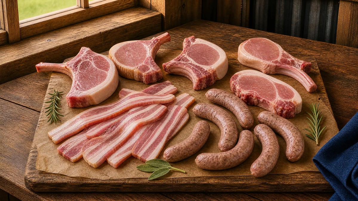 Assorted raw pork cuts including bone-in chops, bacon strips, and breakfast sausages arranged on a wooden cutting board with rosemary and sage.