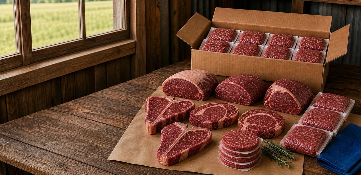 Assorted cuts of raw red meat including steaks and ground beef displayed on butcher paper with a cardboard box on a wooden table