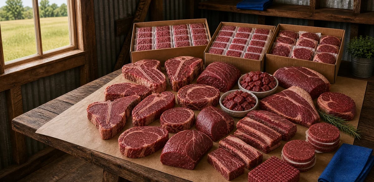 Assorted raw red meat cuts displayed on kraft paper on a wooden table in a rustic kitchen with cardboard packaging visible